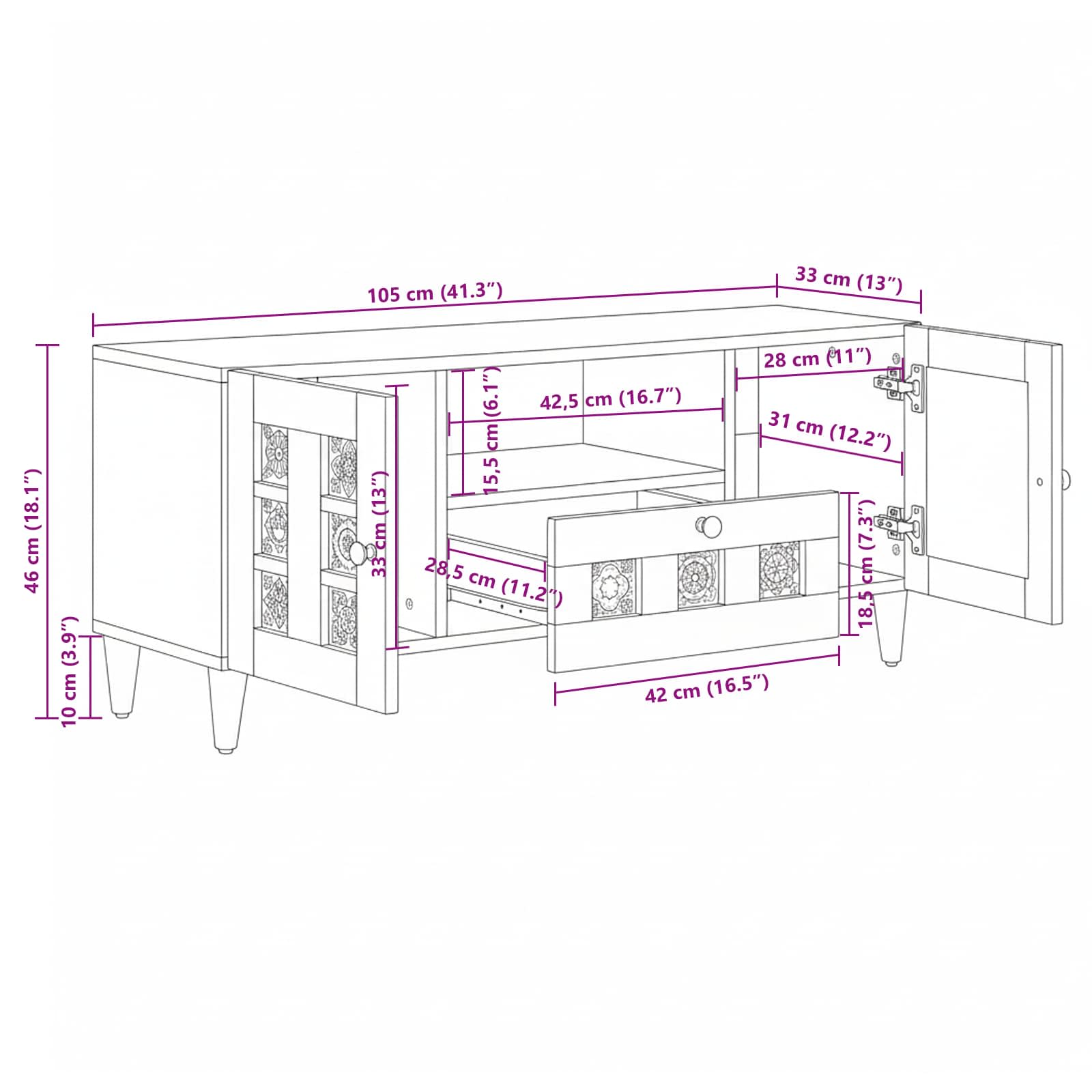 Meuble TV Naturel 105 x 33,5 x 46 cm Bois de mangue massif - XIOS