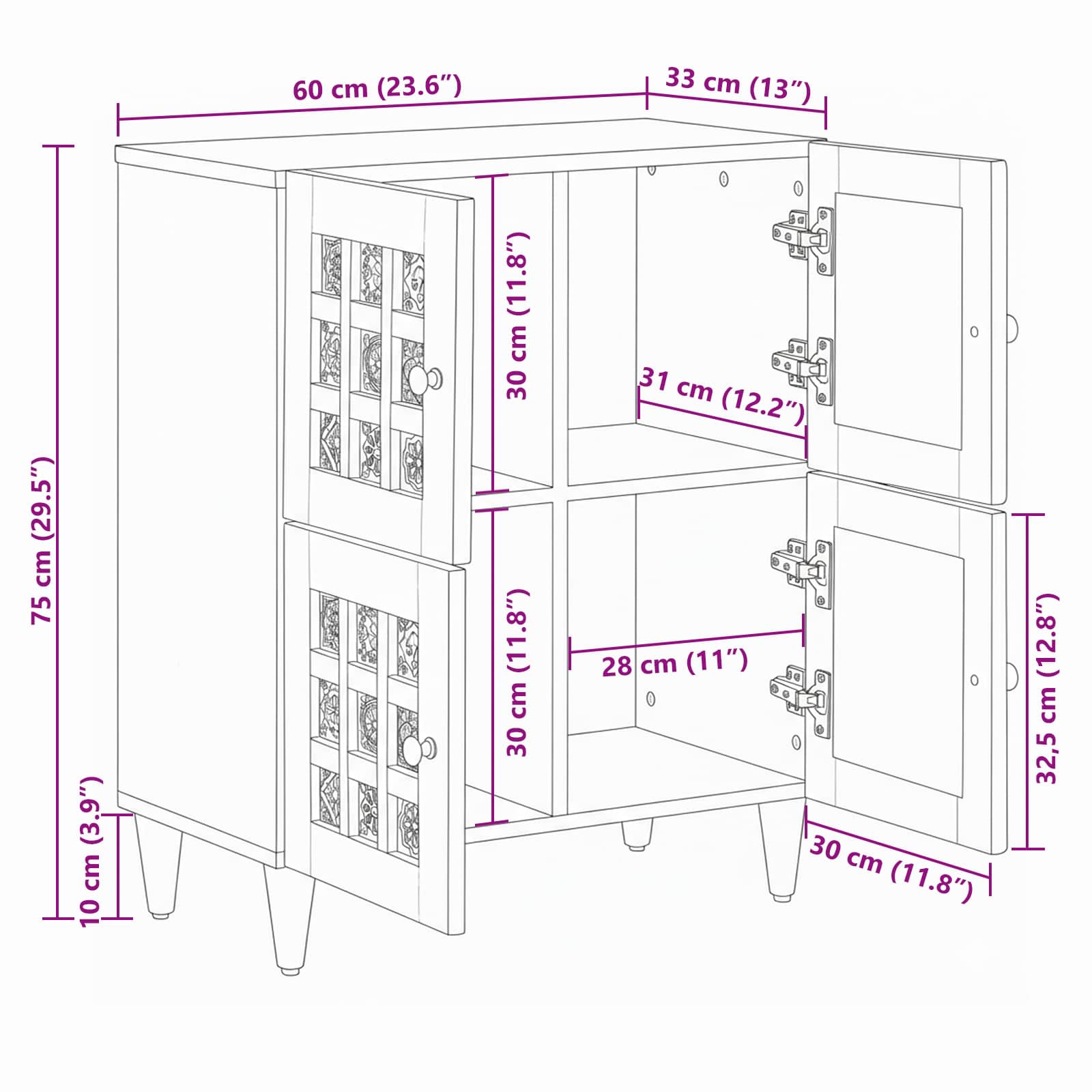 Buffet avec porte Naturel 60 x 33 x 75 cm Bois de mangue massif - XIOS