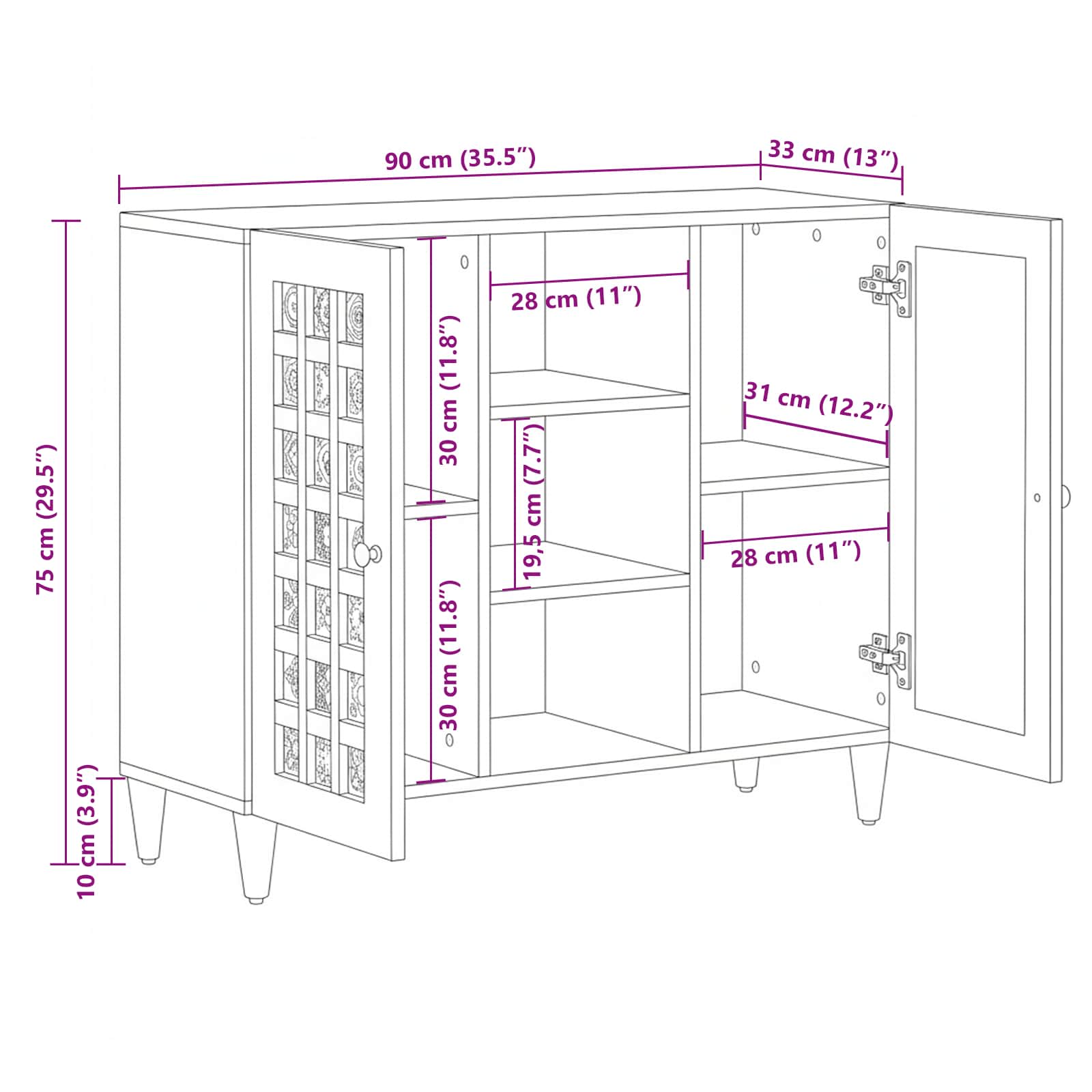 Buffet Naturel 90 x 33 x 75 cm Bois de mangue massif