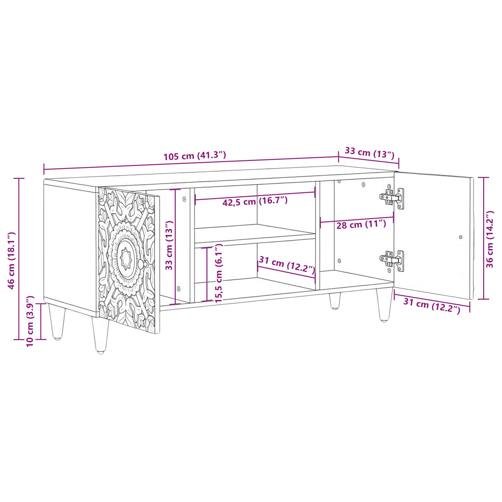 Meuble TV Marron 105 x 33,5 x 46 cm Bois de mangue massif - XIOS
