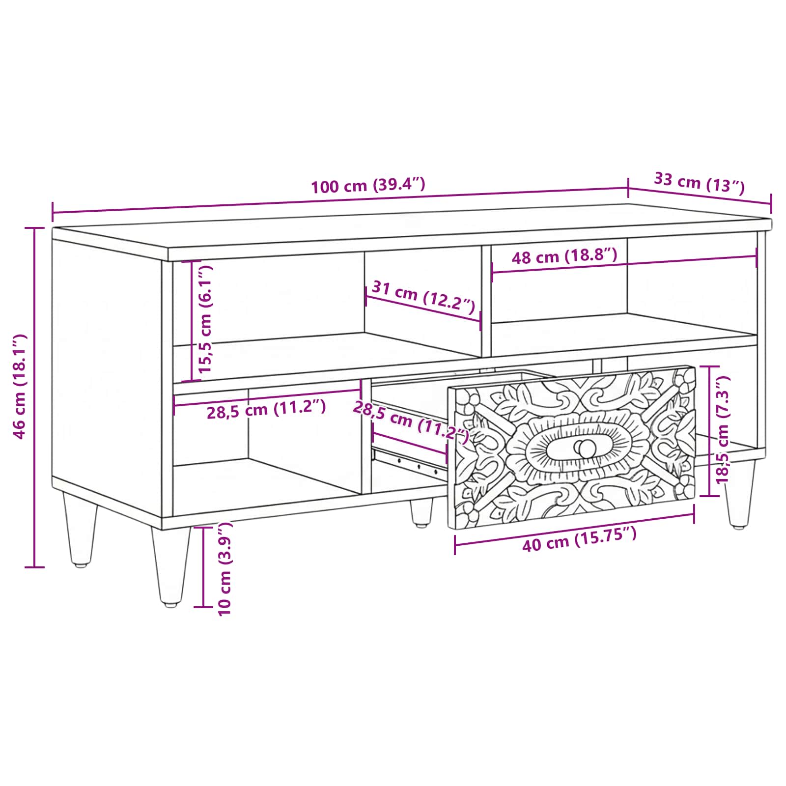 Meuble TV Marron 100 x 33,5 x 46 cm Bois de mangue massif - XIOS