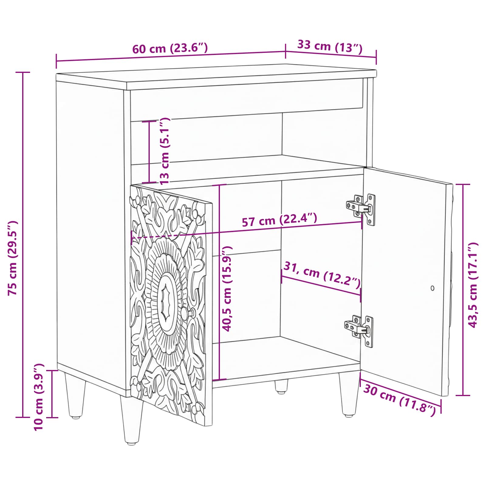Buffet Marron 60 x 33,5 x 75 cm Bois de mangue massif - XIOS