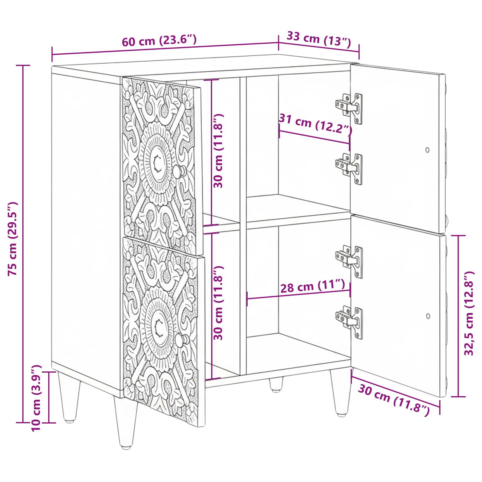 Buffet Marron 60 x 33,5 x 75 cm Bois de mangue massif - XIOS
