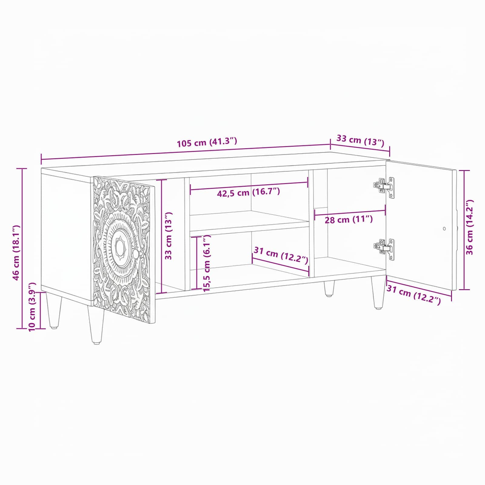 Meuble TV Blanc 105 x 33,5 x 46 cm Bois de mangue massif - XIOS