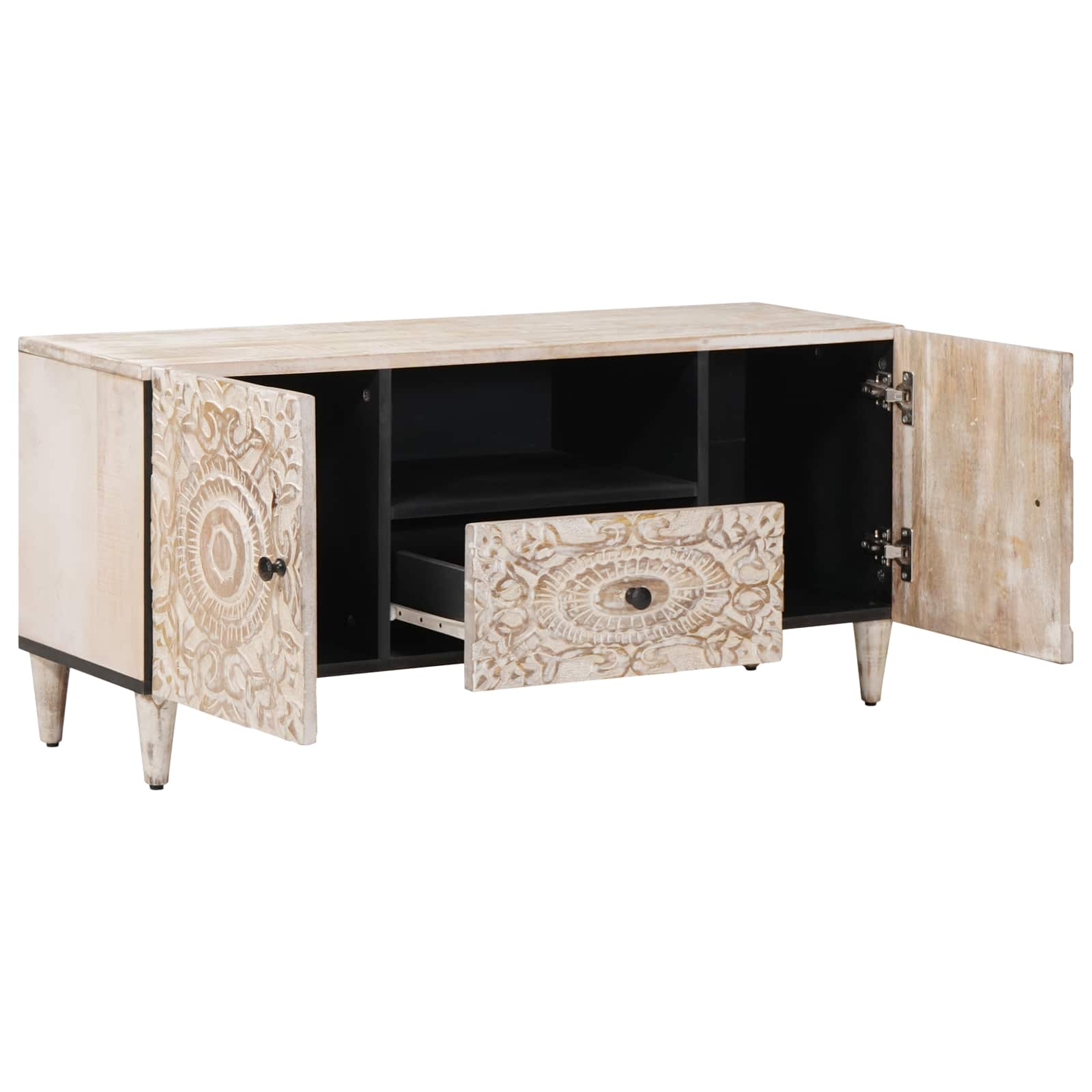 Meuble TV Blanc 105 x 33,5 x 46 cm Bois de mangue massif - XIOS