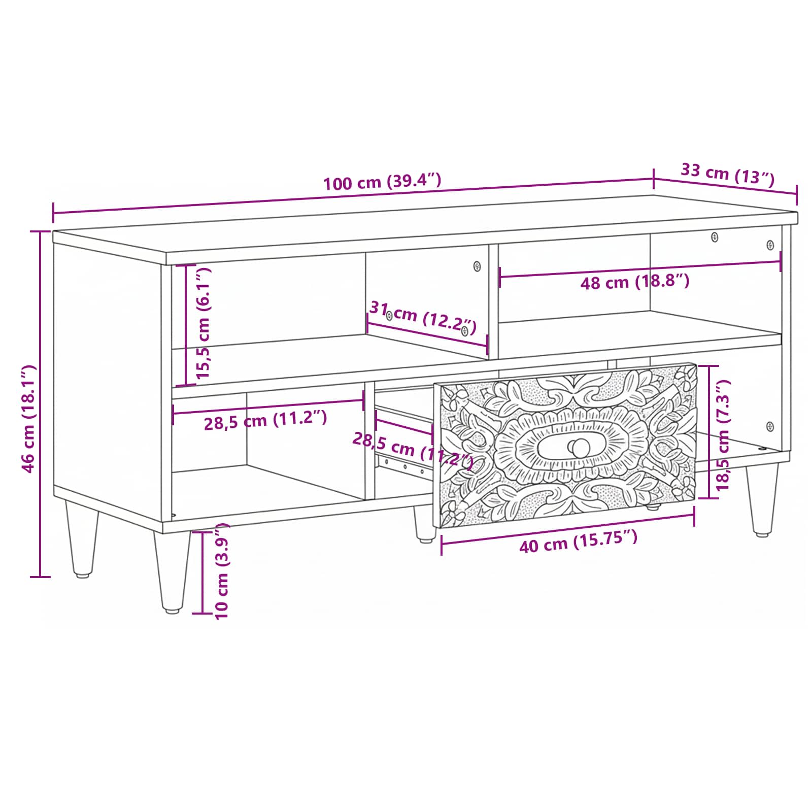 Meuble TV Blanc 100 x 33,5 x 46 cm Bois de mangue massif - XIOS