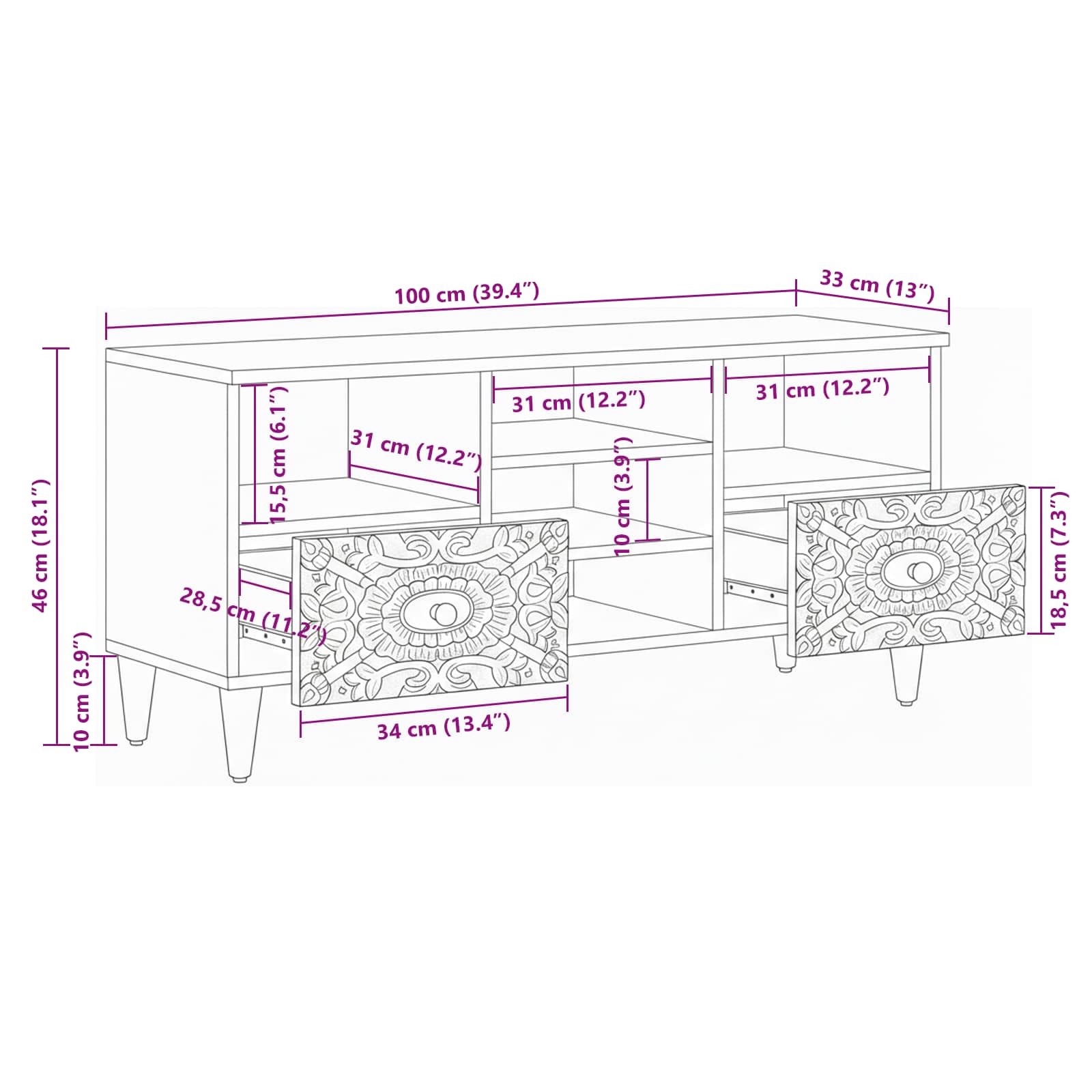 Meuble TV Blanc 100 x 33,5 x 46 cm Bois de mangue massif - XIOS