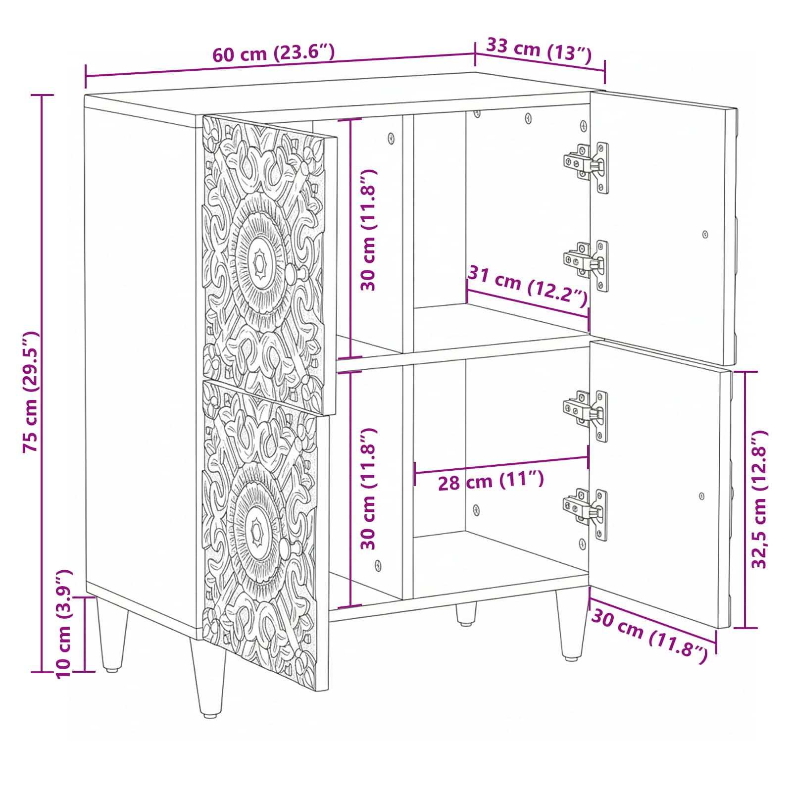 Buffet avec porte Blanc 60 x 33,5 x 75 cm Bois de mangue massif - XIOS