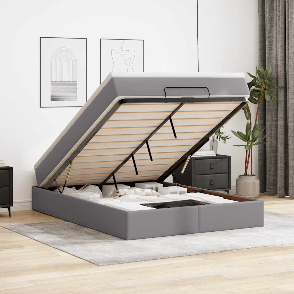 Cadre de lit ottoman avec matelas gris 140x190 cm similicuir - XIOS