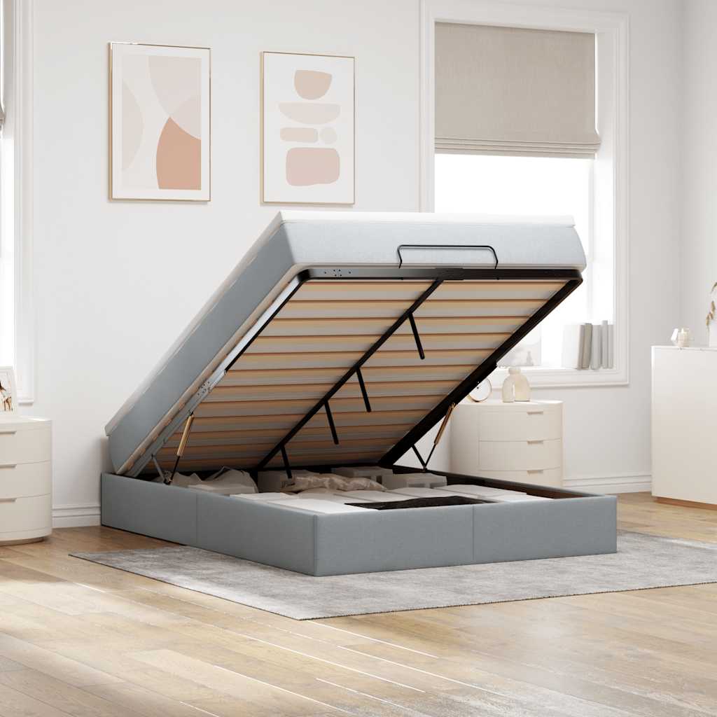 Cadre de lit ottoman et matelas gris clair 140x190 cm tissu - XIOS