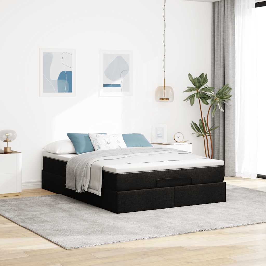 Cadre de lit ottoman avec matelas noir 140x190 cm tissu - XIOS