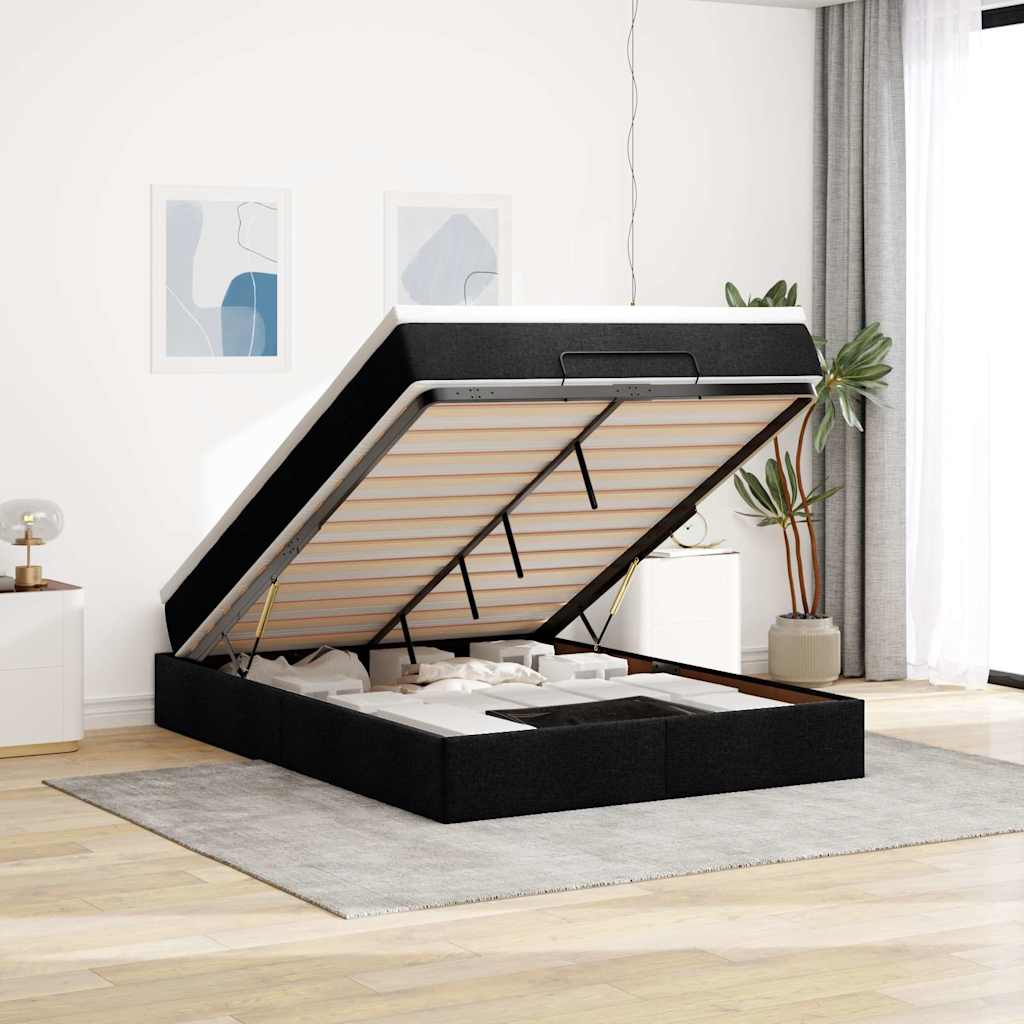 Cadre de lit ottoman avec matelas noir 140x190 cm tissu - XIOS