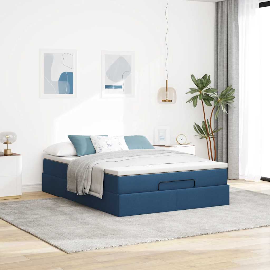 Cadre de lit ottoman avec matelas bleu 140x190 cm tissu - XIOS