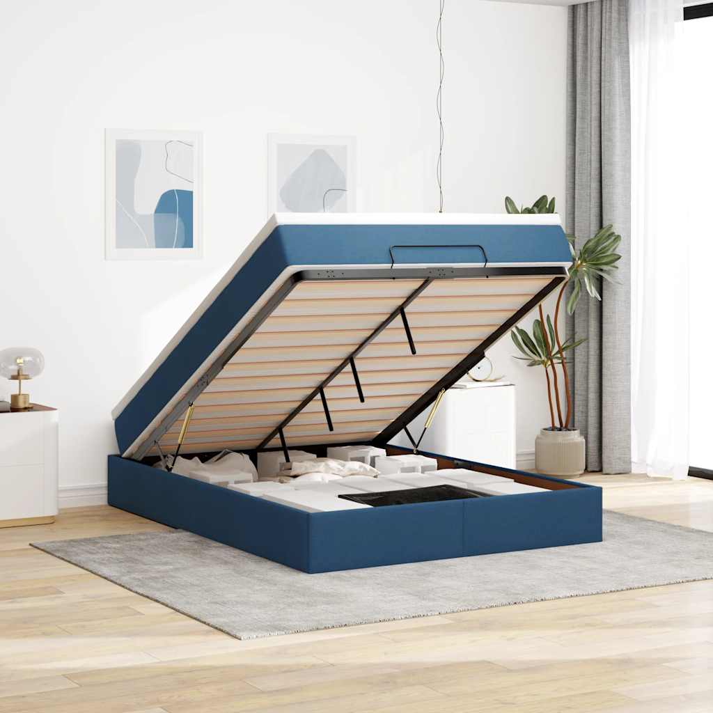 Cadre de lit ottoman avec matelas bleu 140x190 cm tissu - XIOS
