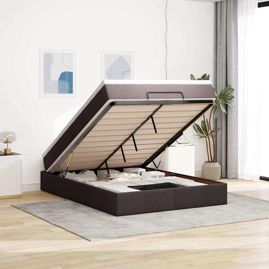 Cadre de lit ottoman avec matelas marron foncé 140x200 cm tissu - XIOS