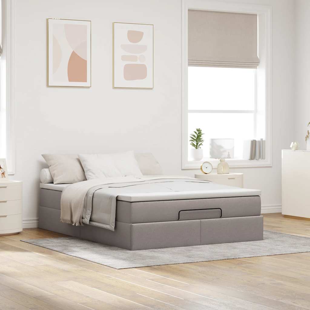 Cadre de lit ottoman avec matelas taupe 140x200 cm tissu