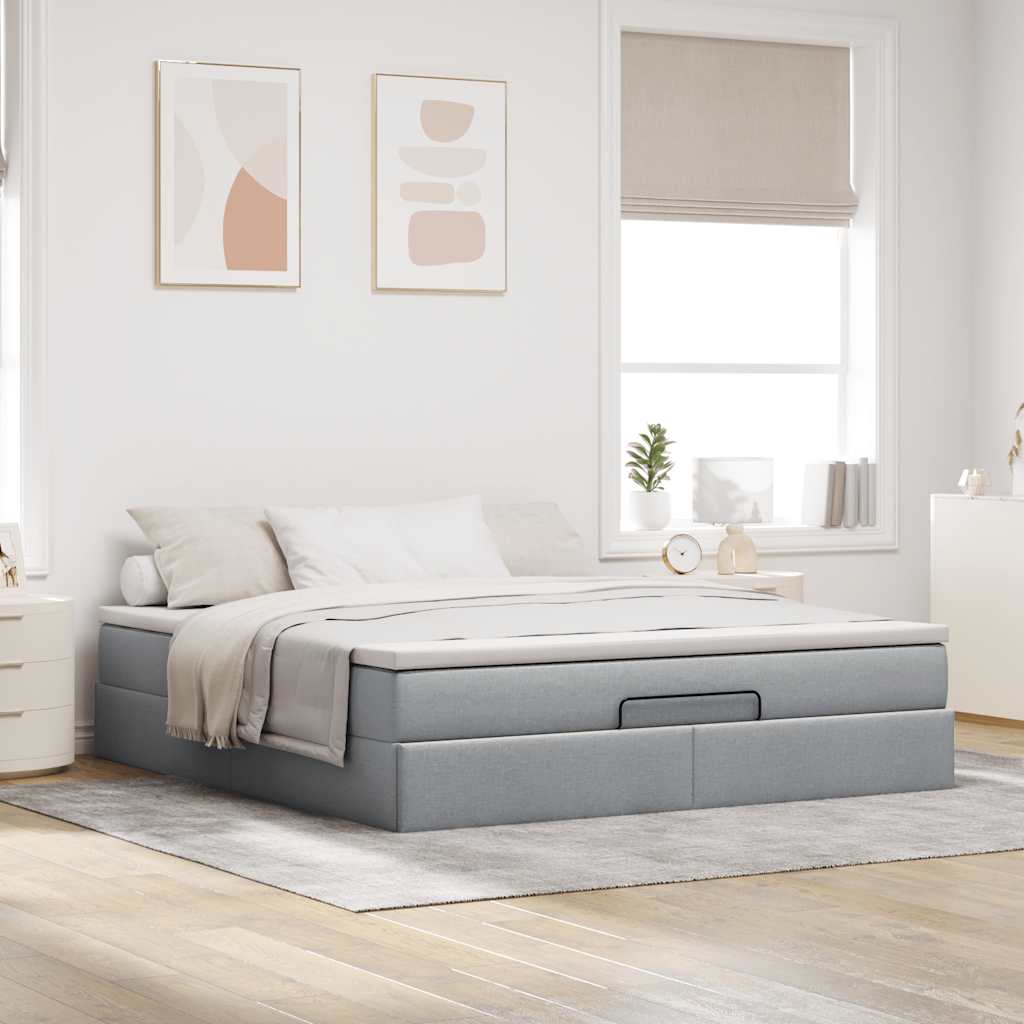 Cadre de lit ottoman et matelas gris clair 160x200cm tissu - XIOS