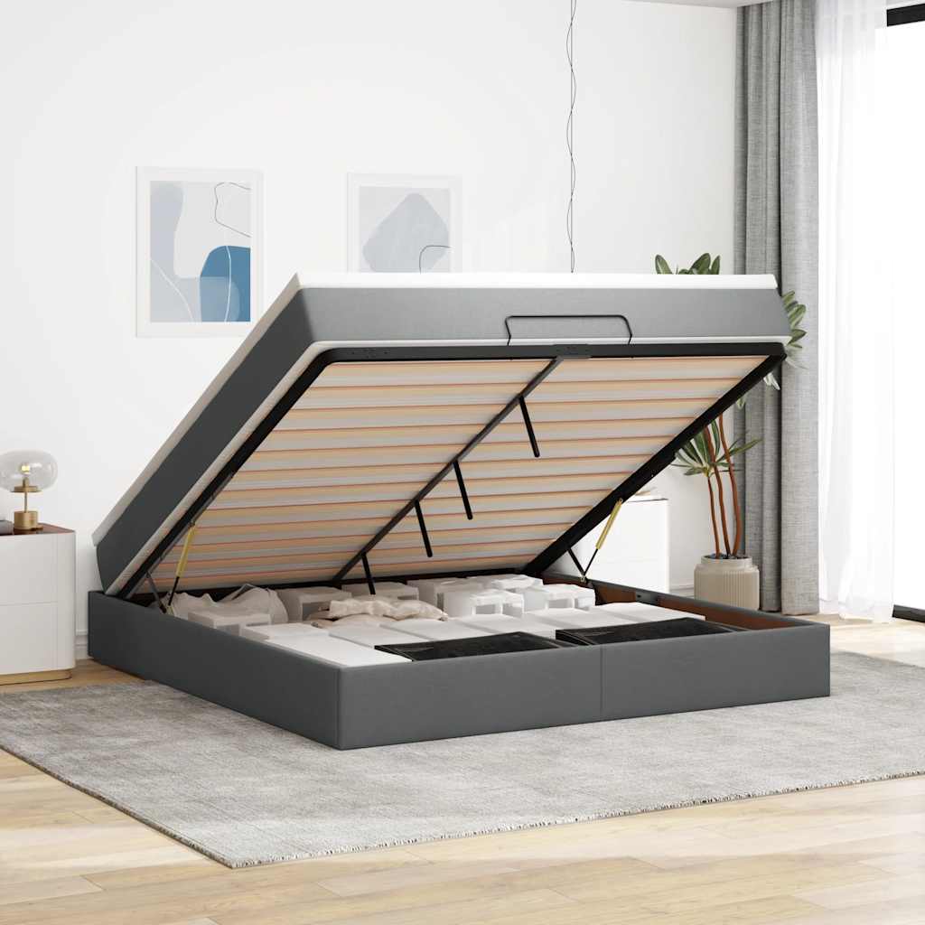 Cadre de lit ottoman avec matelas gris foncé 160x200cm tissu - XIOS