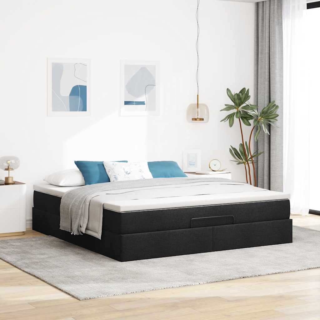 Cadre de lit ottoman avec matelas noir 160x200 cm tissu - XIOS