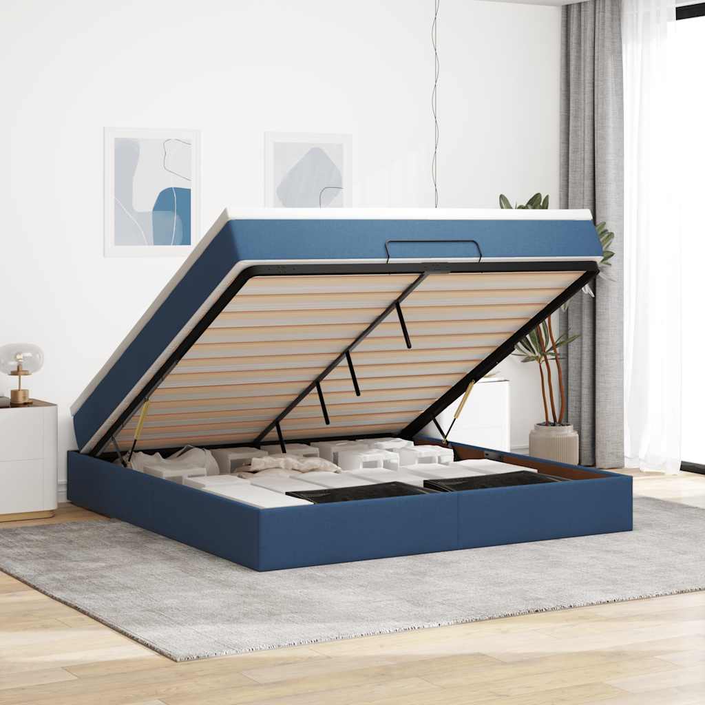 Cadre de lit ottoman avec matelas bleu 160x200 cm tissu - XIOS
