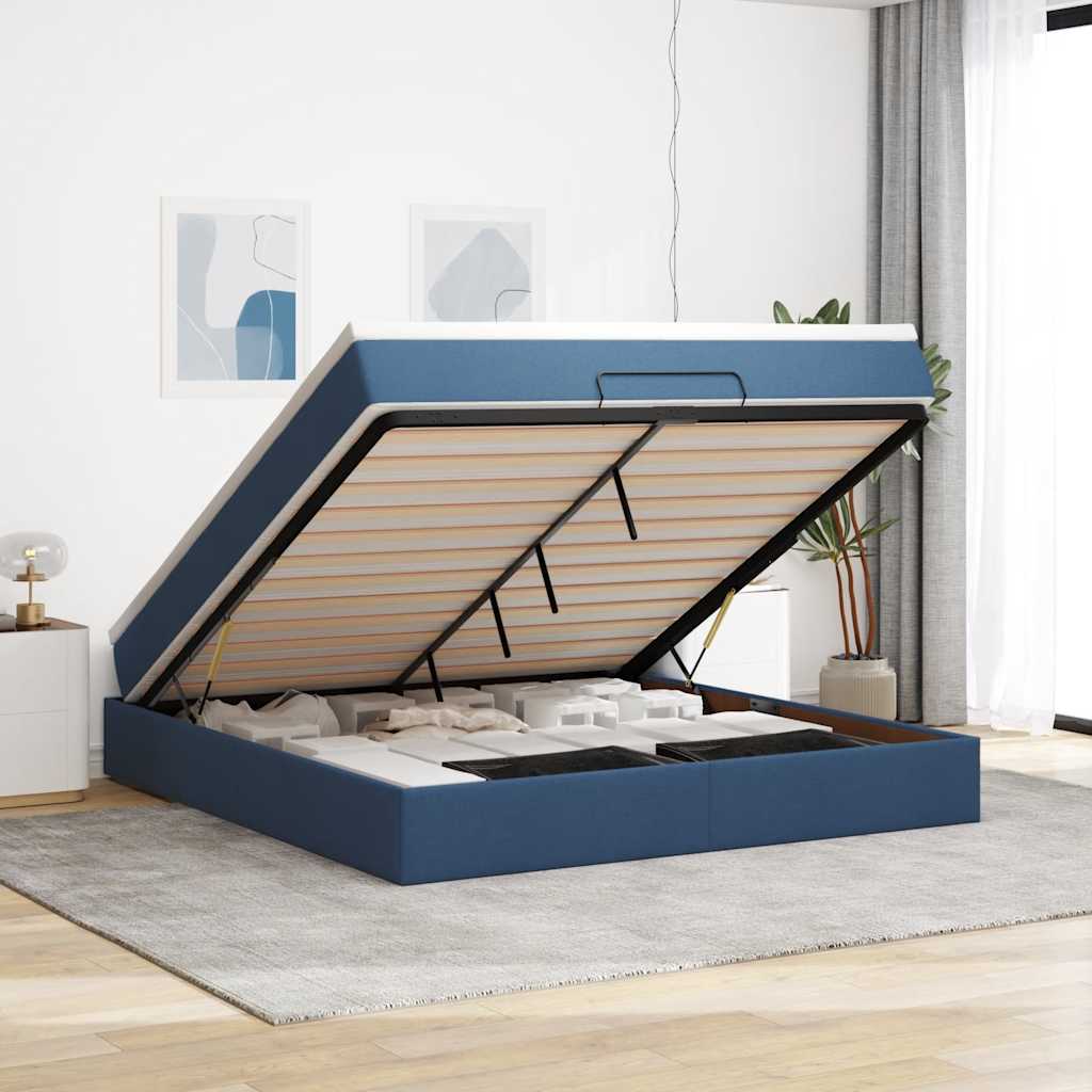 Cadre de lit ottoman avec matelas bleu 180x200 cm tissu - XIOS