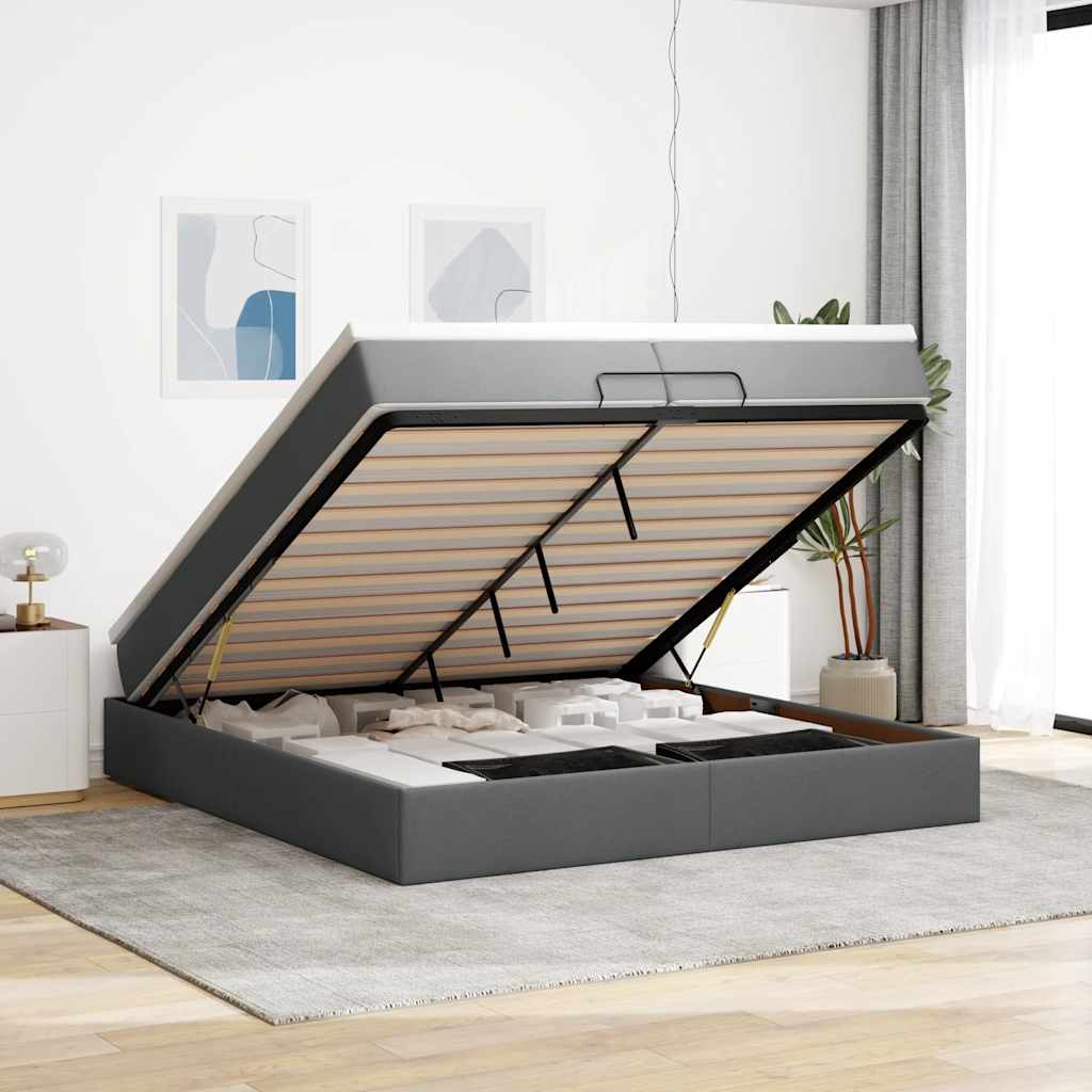 Cadre de lit ottoman avec matelas gris foncé 200x200cm tissu - XIOS