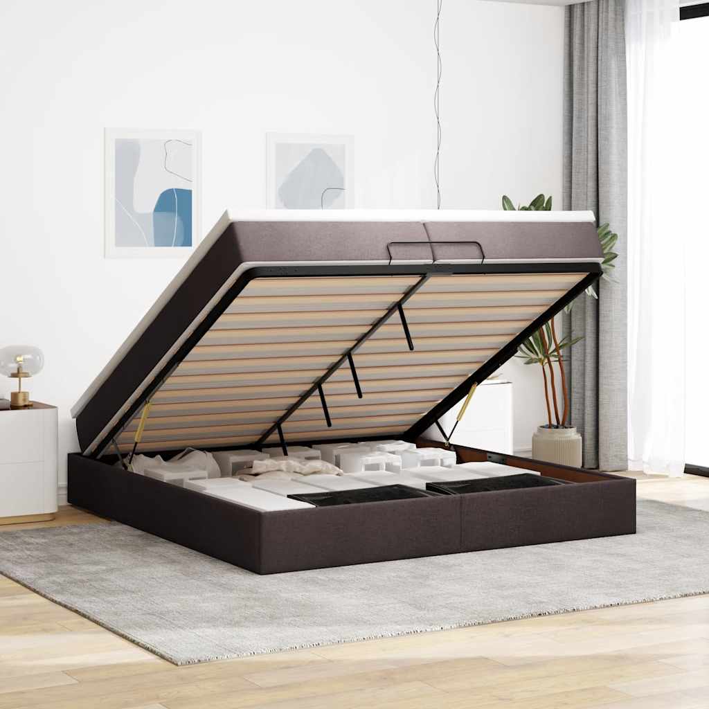 Cadre de lit ottoman avec matelas marron foncé 200x200 cm tissu - XIOS