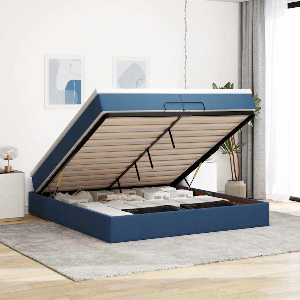 Cadre de lit ottoman avec matelas bleu 200x200cm tissu - XIOS