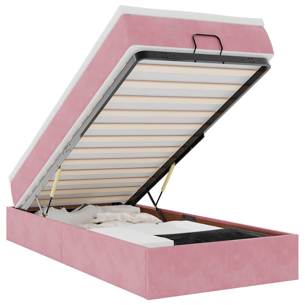 Cadre de lit ottoman avec matelas rose 80x200 cm velours - XIOS