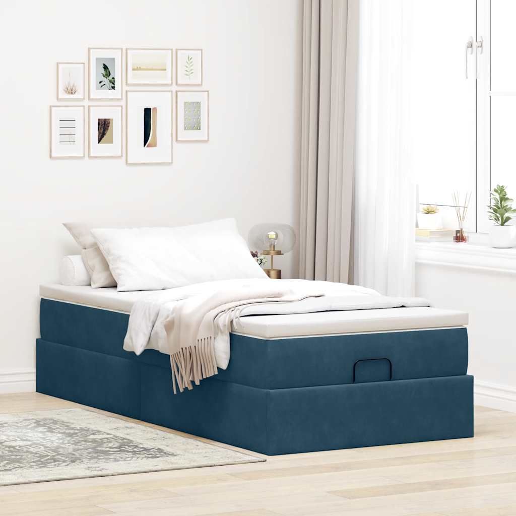 Cadre de lit ottoman avec matelas bleu foncé 90x190 cm velours - XIOS
