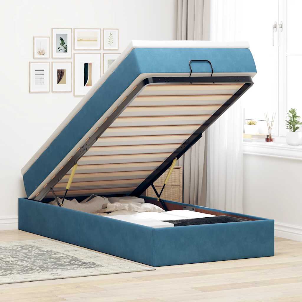 Cadre de lit ottoman avec matelas bleu foncé 90x190 cm velours - XIOS
