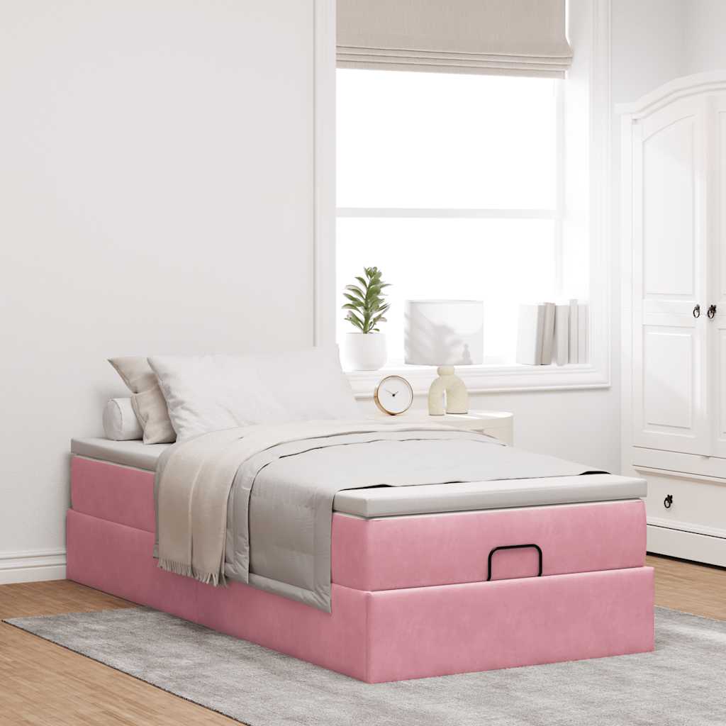 Cadre de lit ottoman avec matelas rose 90x190 cm velours - XIOS