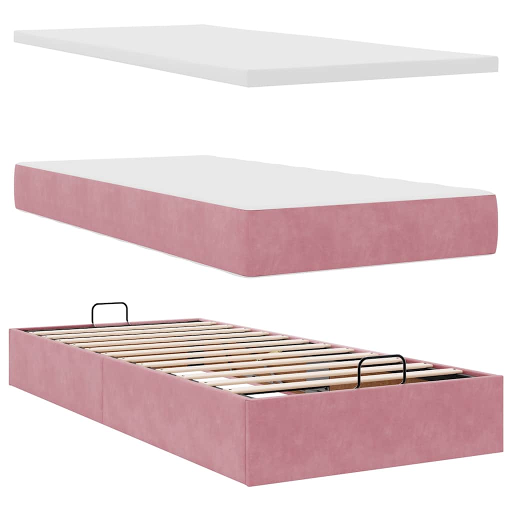 Cadre de lit ottoman avec matelas rose 90x190 cm velours - XIOS