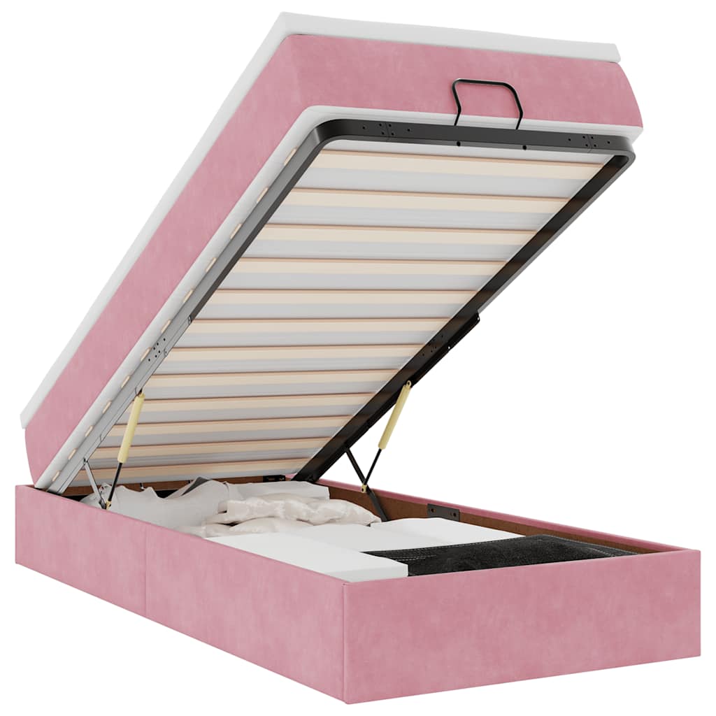 Cadre de lit ottoman avec matelas rose 90x200 cm velours - XIOS