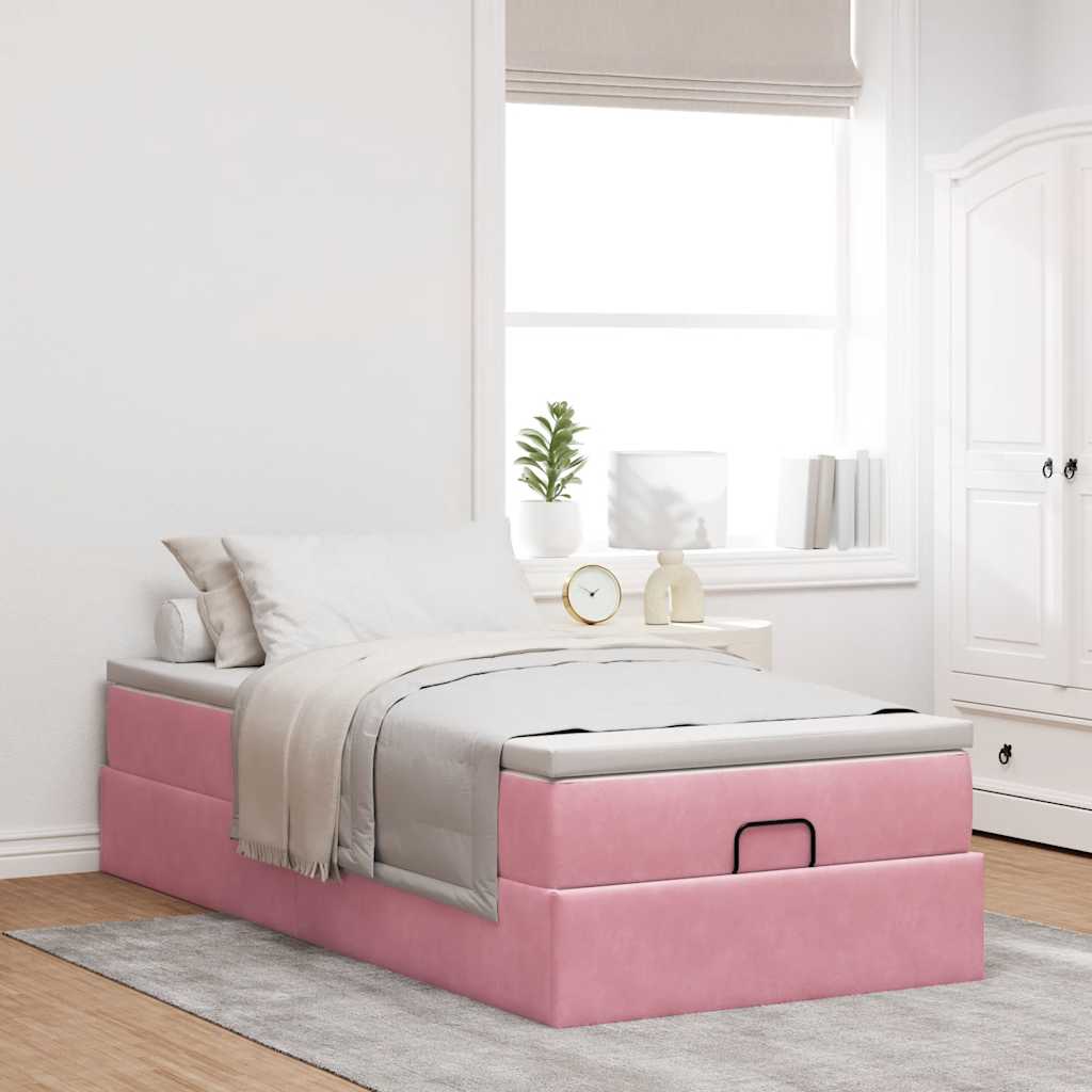 Cadre de lit ottoman avec matelas rose 90x200 cm velours - XIOS