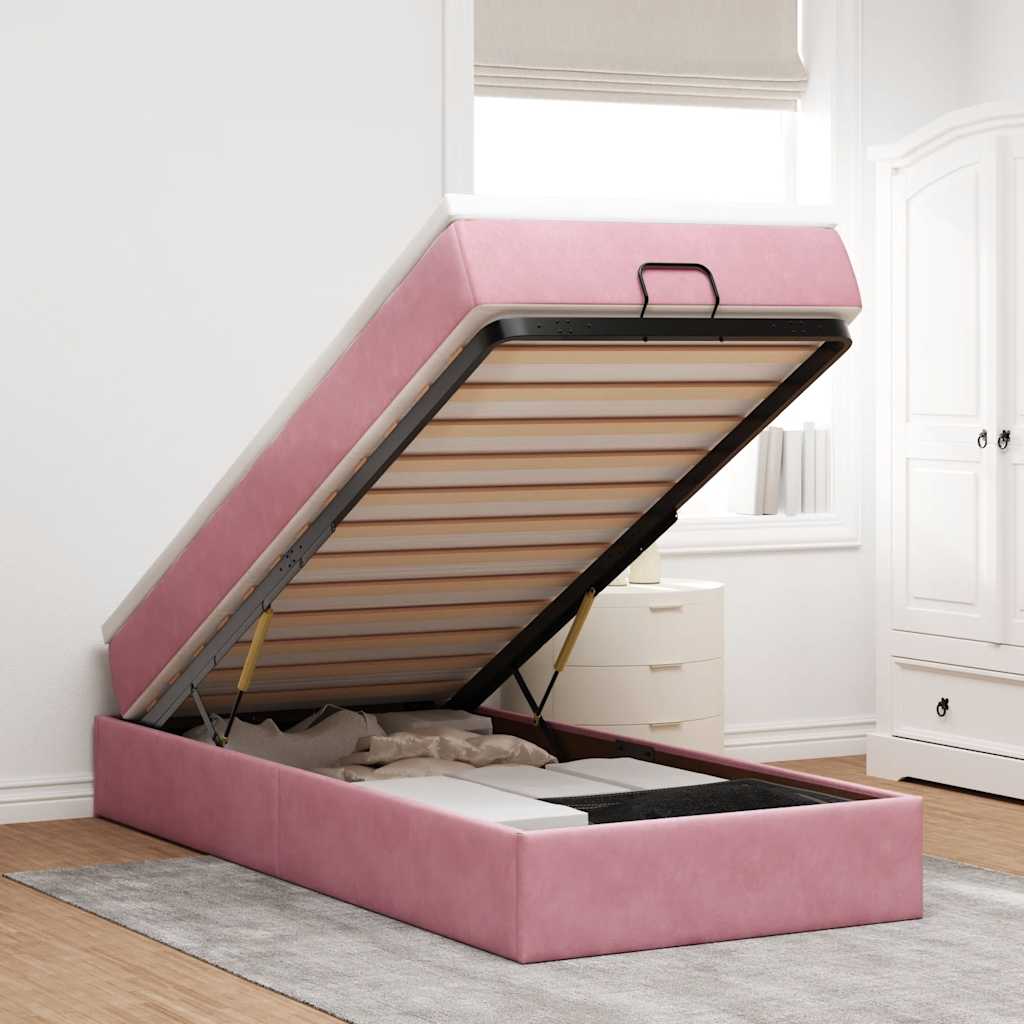 Cadre de lit ottoman avec matelas rose 90x200 cm velours - XIOS