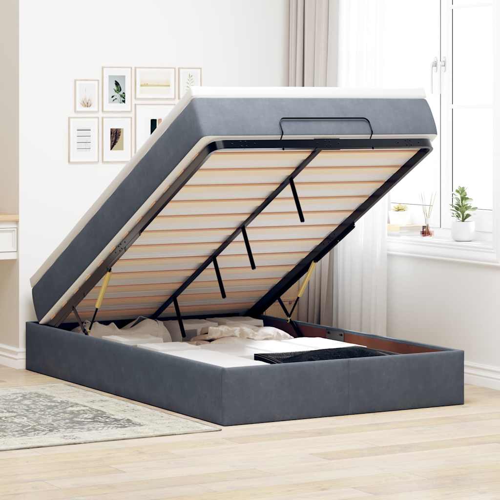 Cadre de lit ottoman et matelas gris foncé 120x200 cm velours - XIOS