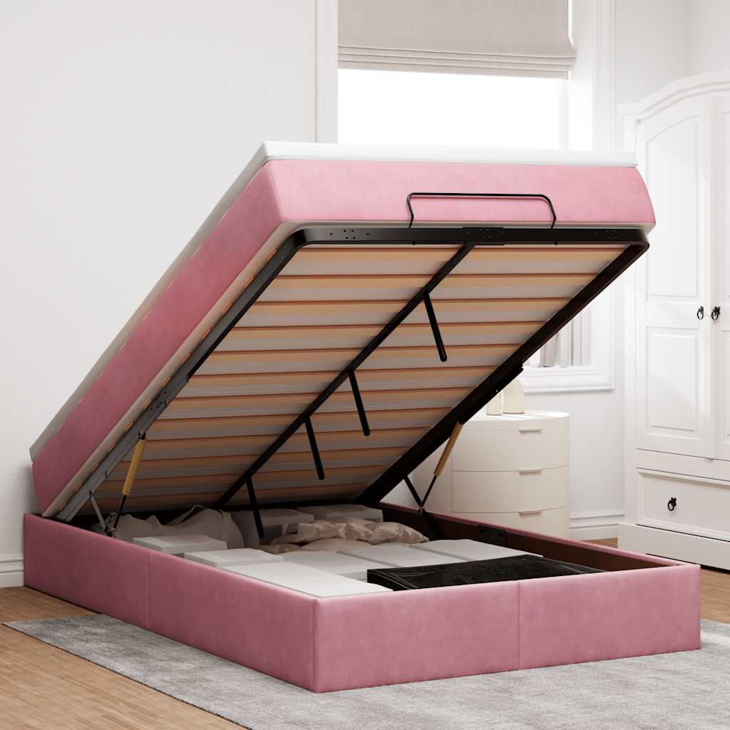 Cadre de lit ottoman avec matelas rose 120x200 cm velours - XIOS