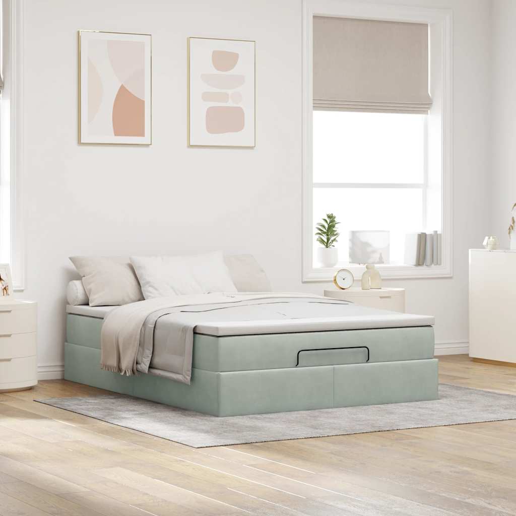 Cadre de lit ottoman et matelas gris clair 140x190 velours - XIOS
