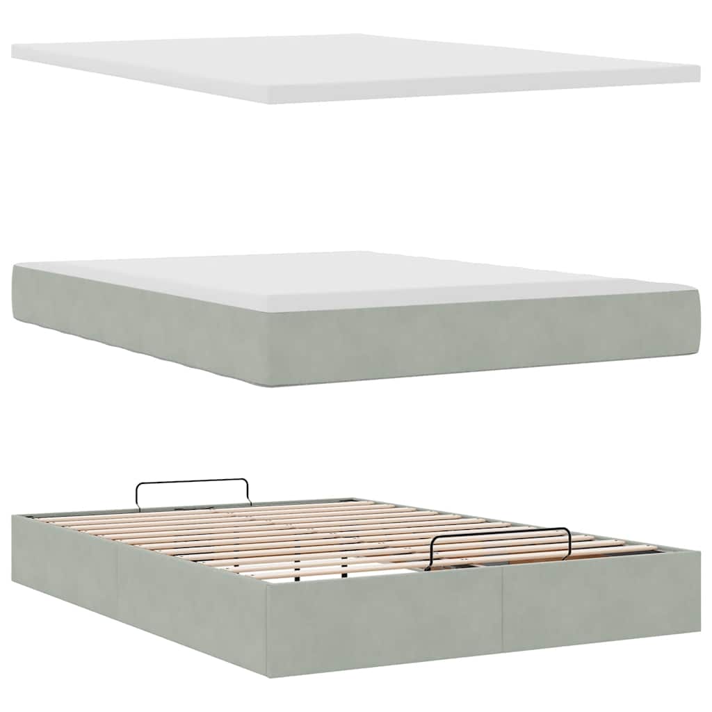 Cadre de lit ottoman et matelas gris clair 140x190 velours - XIOS