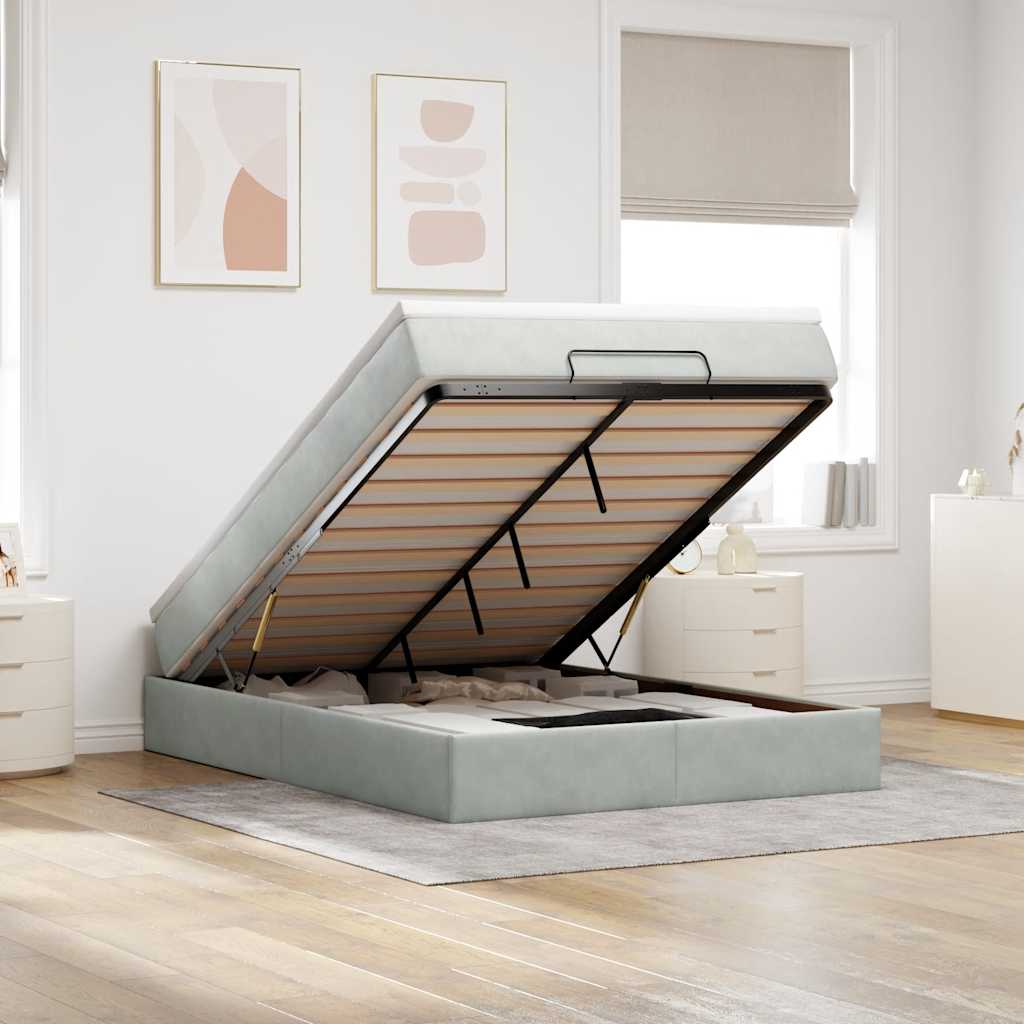 Cadre de lit ottoman et matelas gris clair 140x190 velours - XIOS