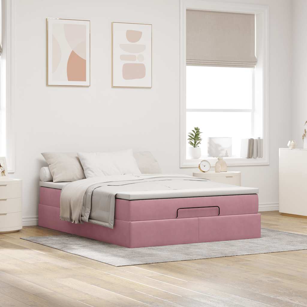 Cadre de lit ottoman avec matelas rose 140x190 cm velours - XIOS