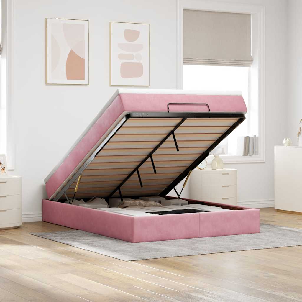 Cadre de lit ottoman avec matelas rose 140x190 cm velours - XIOS