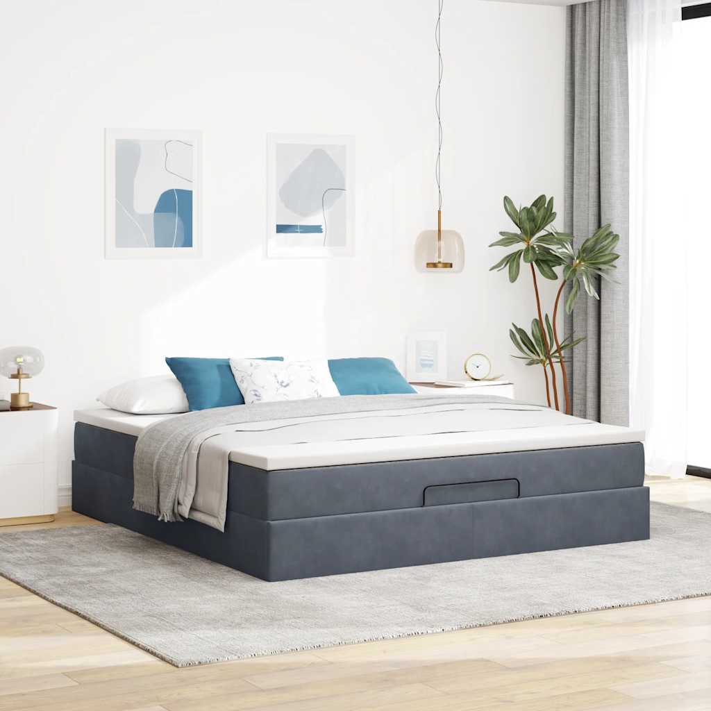 Cadre de lit ottoman avec matelas gris foncé 160x200 cm velours - XIOS