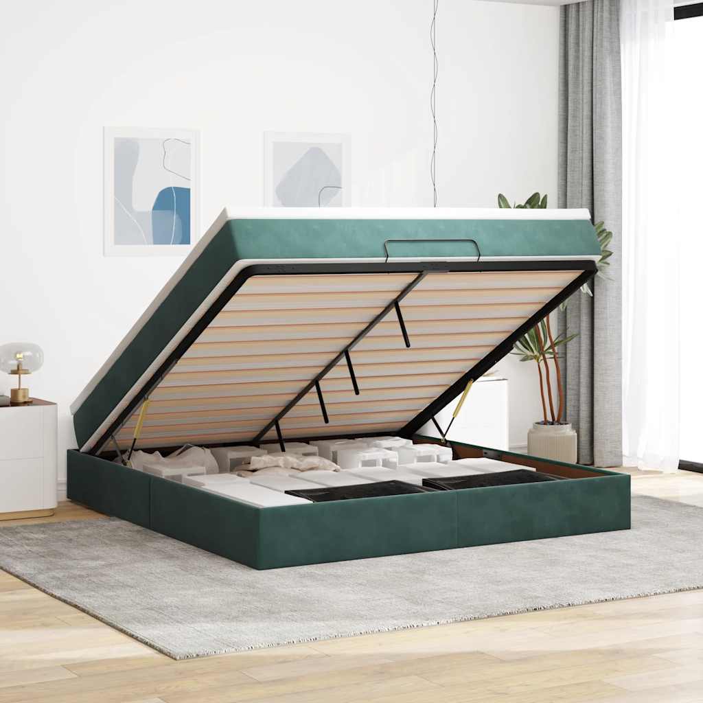 Cadre de lit ottoman avec matelas vert foncé 160x200 cm velours - XIOS