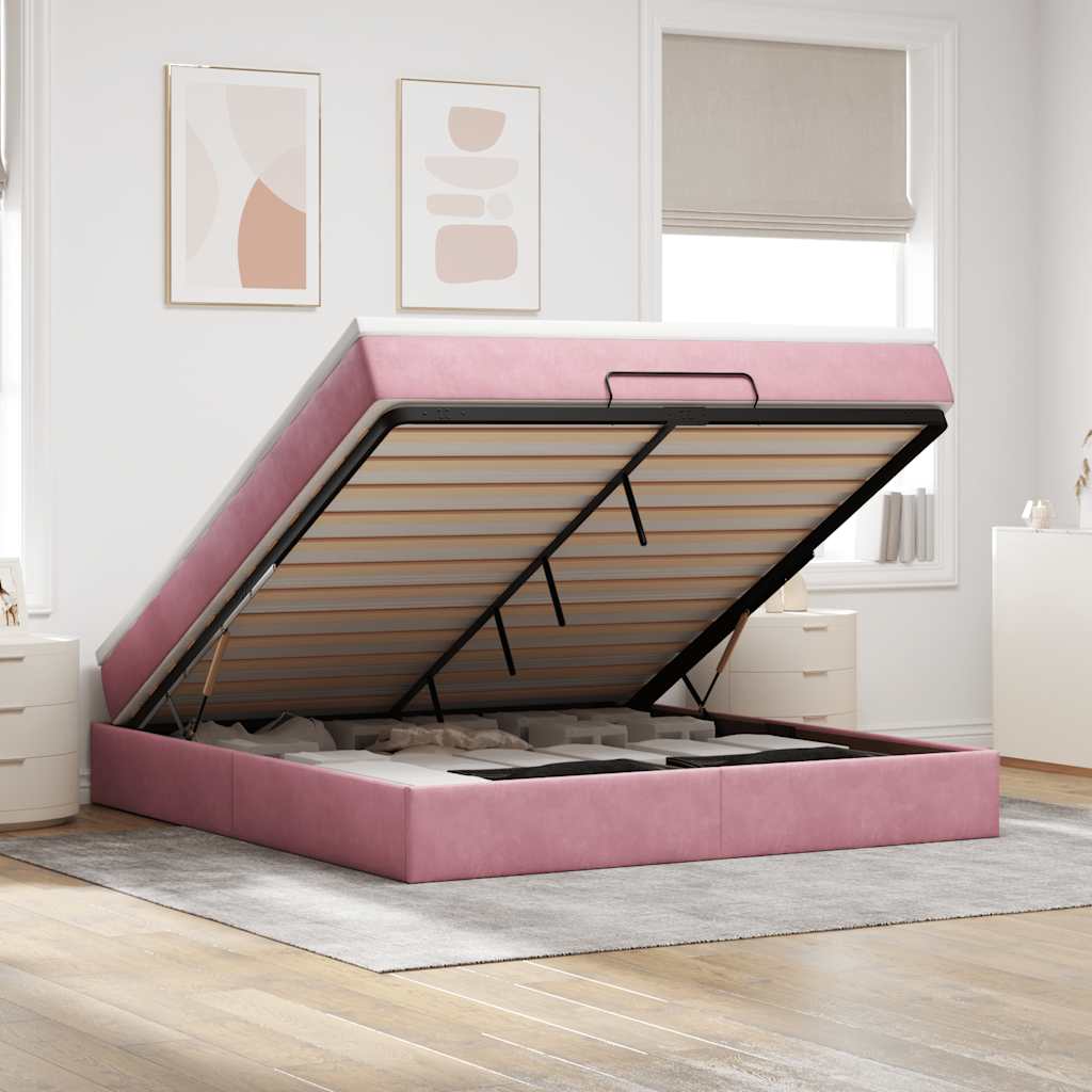 Cadre de lit ottoman avec matelas rose 160x200 cm velours - XIOS