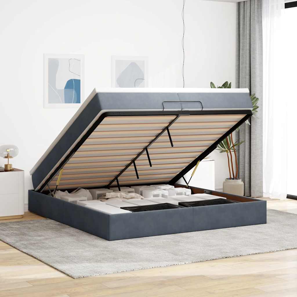 Cadre de lit ottoman avec matelas gris foncé 200x200 cm velours - XIOS