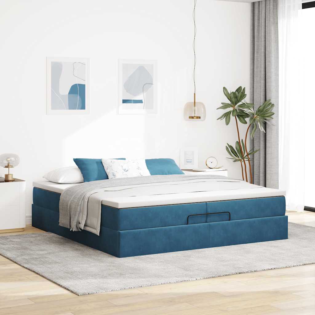 Cadre de lit ottoman avec matelas bleu foncé 200x200 cm velours - XIOS