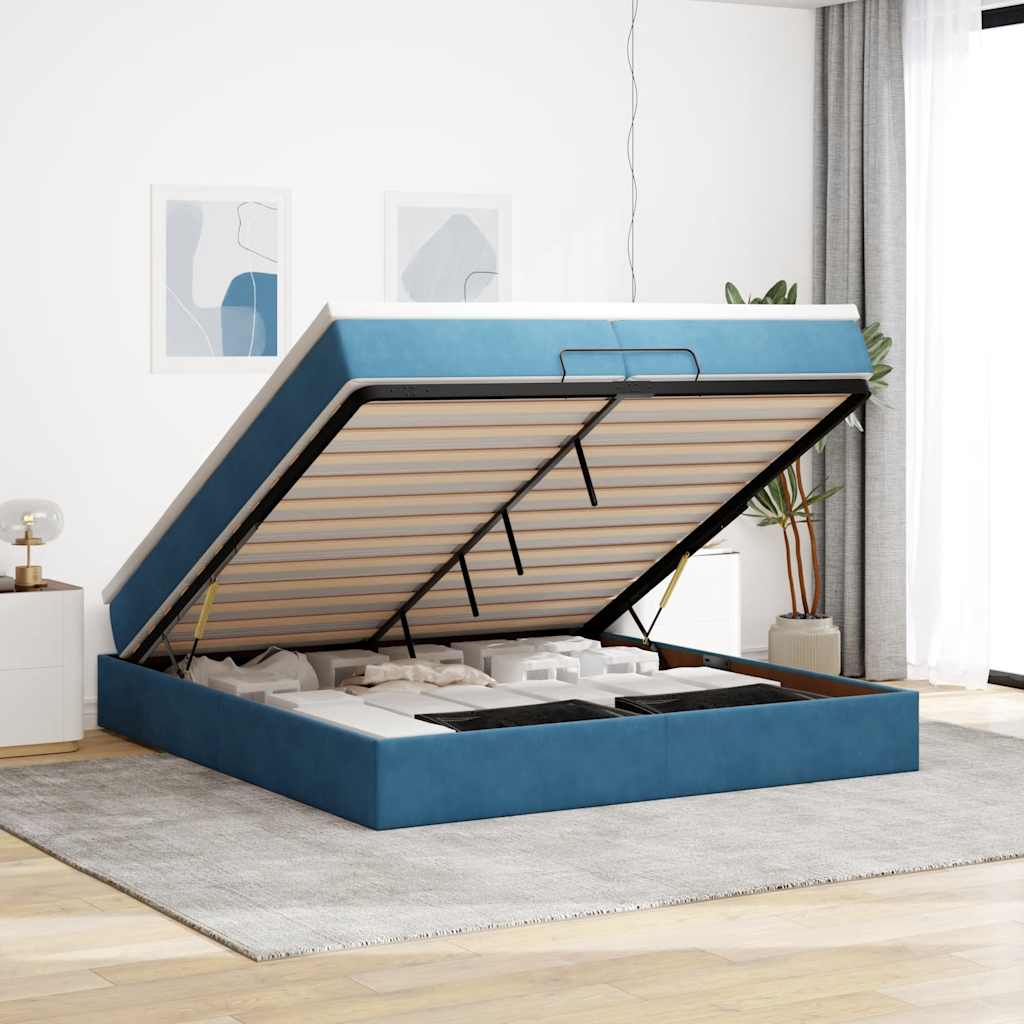 Cadre de lit ottoman avec matelas bleu foncé 200x200 cm velours - XIOS