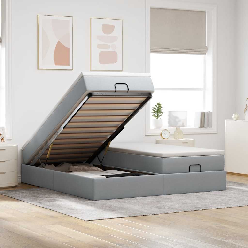 Cadre de lit ottoman et matelas gris clair 160x200cm tissu - XIOS